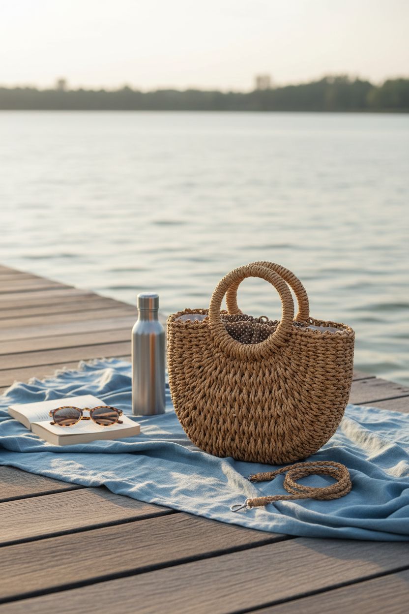 FENBEN straw bag by lakeside, ideal for relaxed summer picnics.