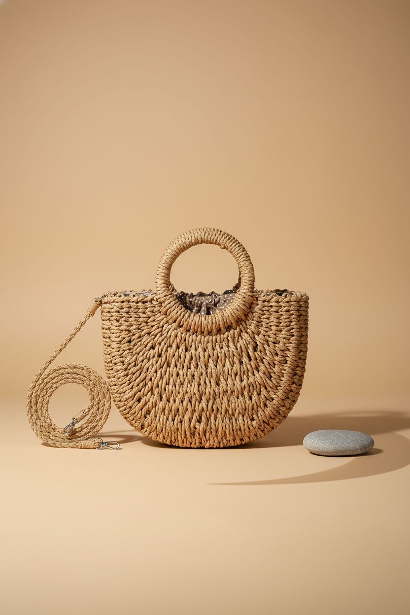 FENBEN semi-circle straw bag showcased in studio, highlighting its beachy vibe.