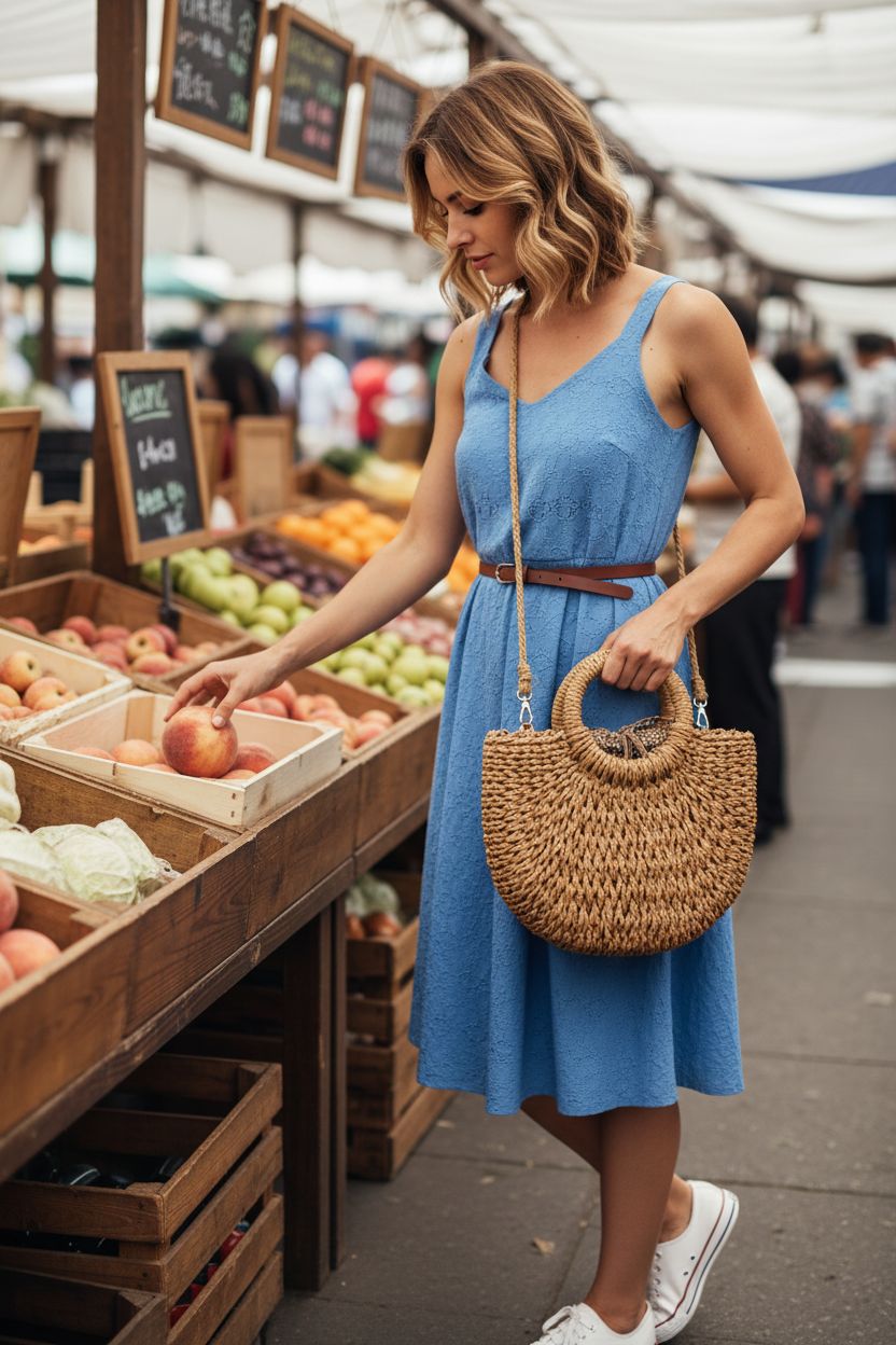 FENBEN straw bag at farmers market, enhancing casual summer fashion.