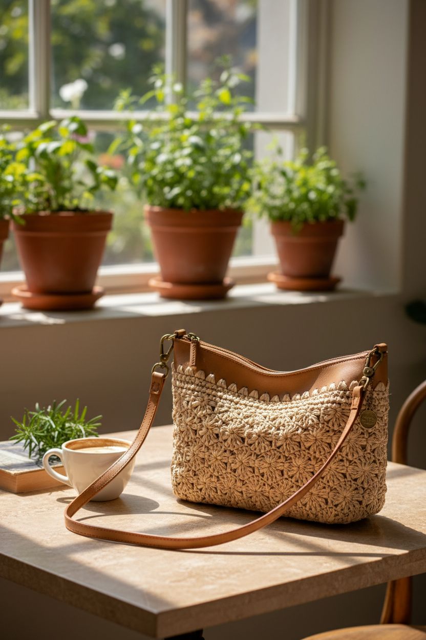 The Sak Lumi Crossbody bag in a sunny café setting with cappuccino and warm decor