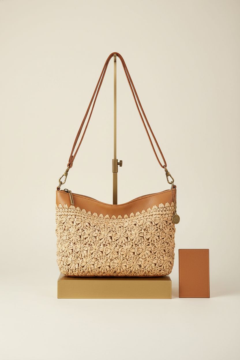 The Sak Lumi Crossbody bag displayed on a minimal studio set, showcasing its straw weave and leather details