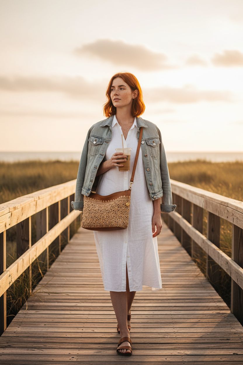The Sak Lumi Crossbody bag in natural straw with tan leather trim on a coastal boardwalk