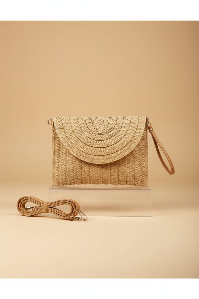 COOKOOKY straw clutch showcased on a riser, highlighting its woven texture and design
