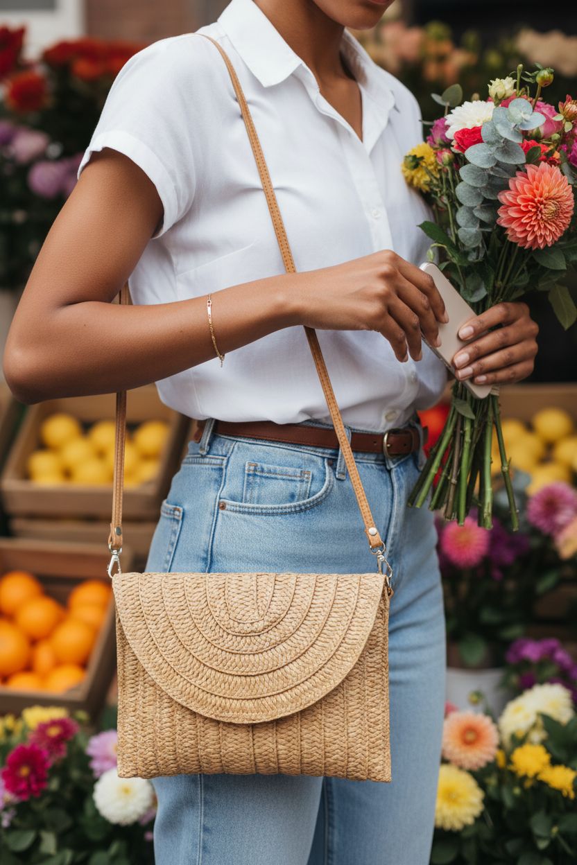 COOKOOKY straw clutch handbag in light brown, stylishly held near flowers at a market