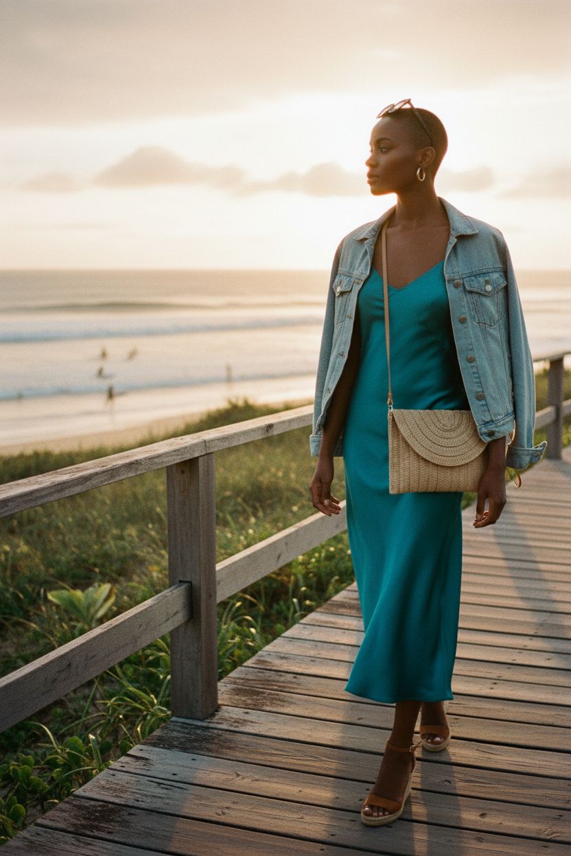 COOKOOKY straw purse worn crossbody, perfect for coastal strolls at sunset