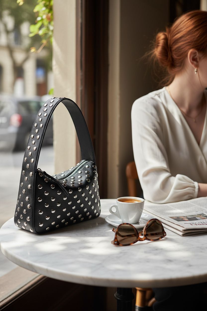 YFGBCX studded bag casually placed on a marble table beside coffee and sunglasses.