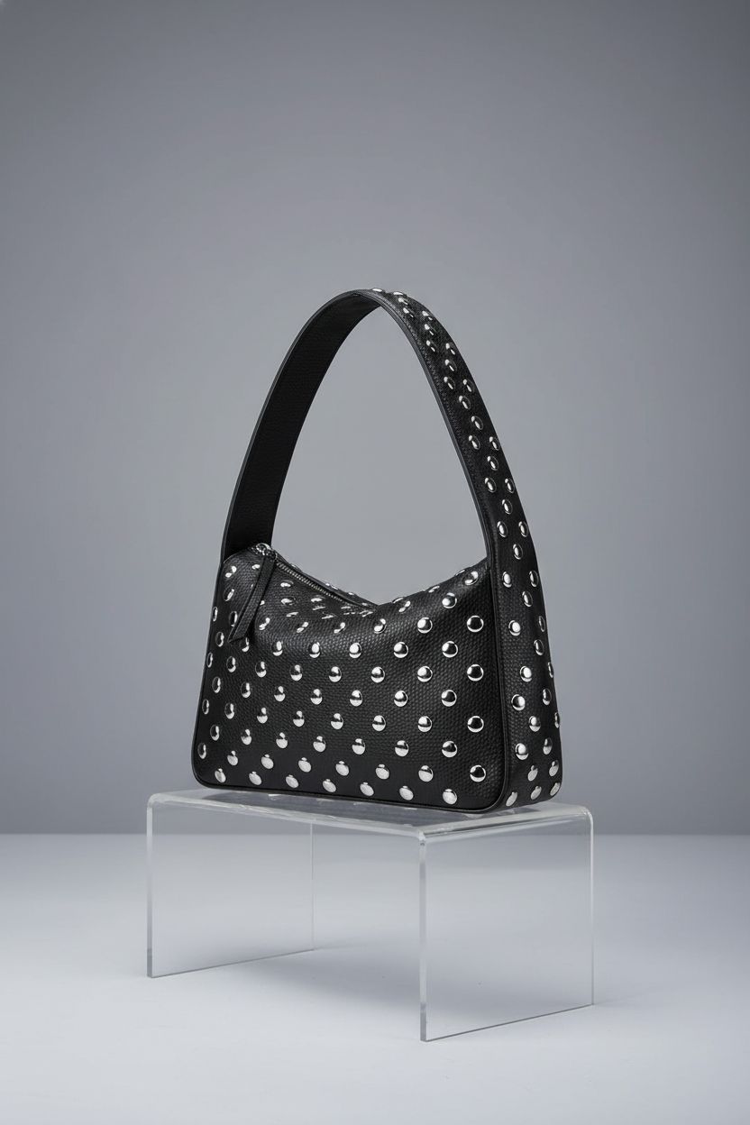 YFGBCX studded black shoulder bag showcased on an acrylic pedestal in a studio setting.