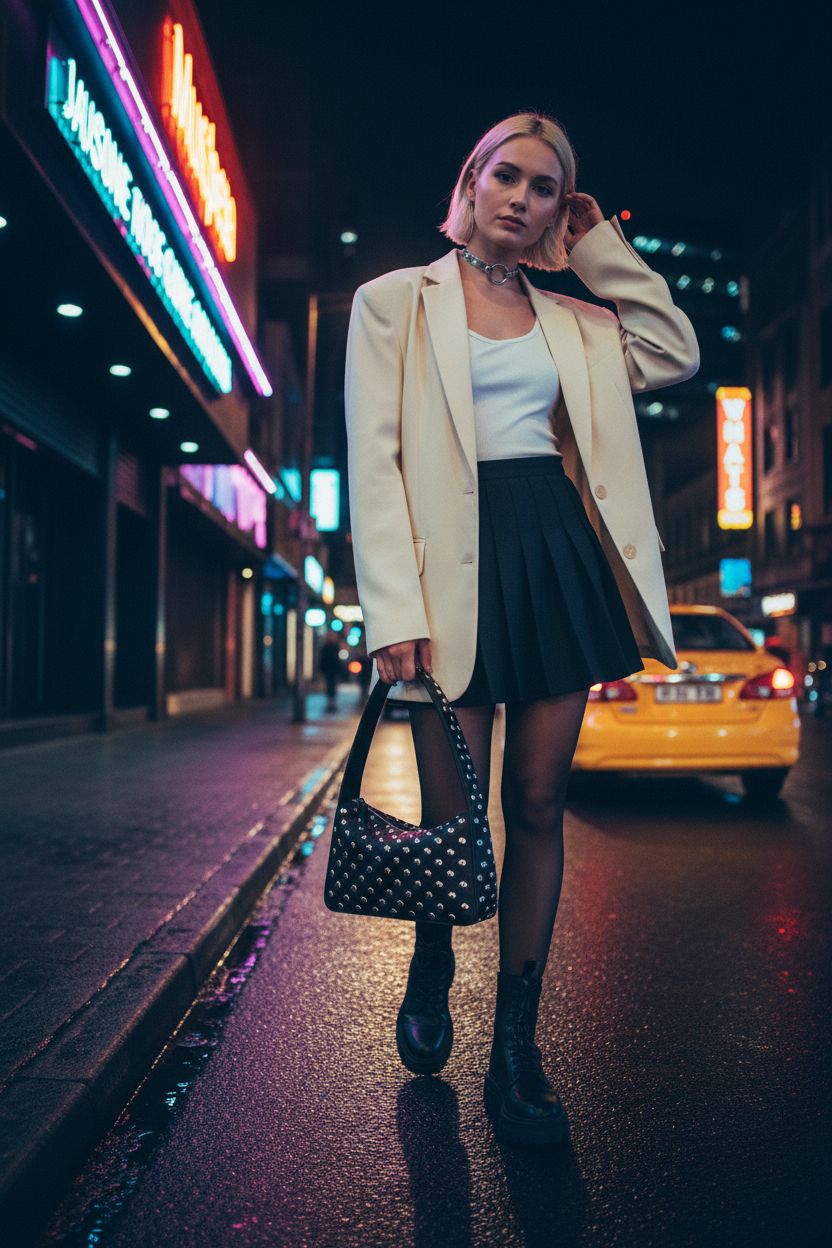YFGBCX studded black shoulder bag highlighted against neon lights on a night out.