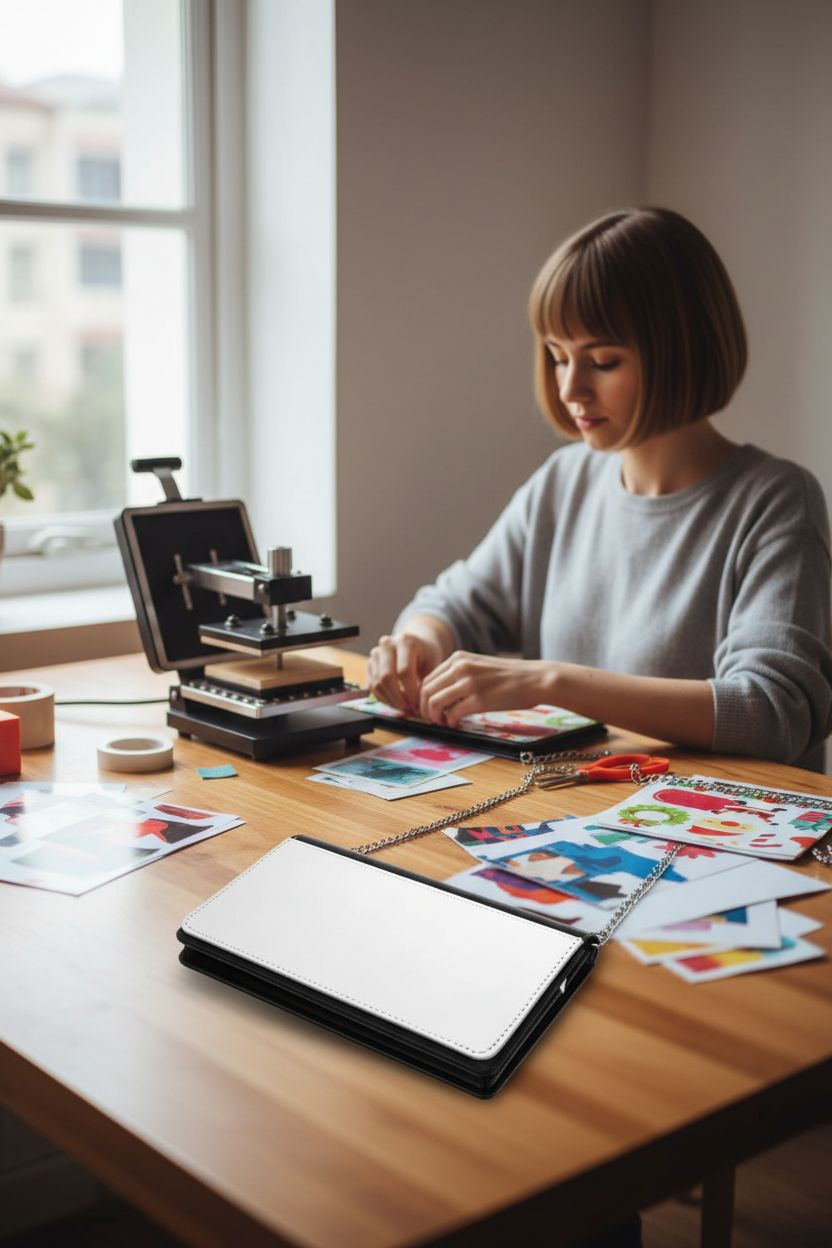 LEIFIDE sublimation purse on oak tabletop, surrounded by crafting supplies in cozy nook