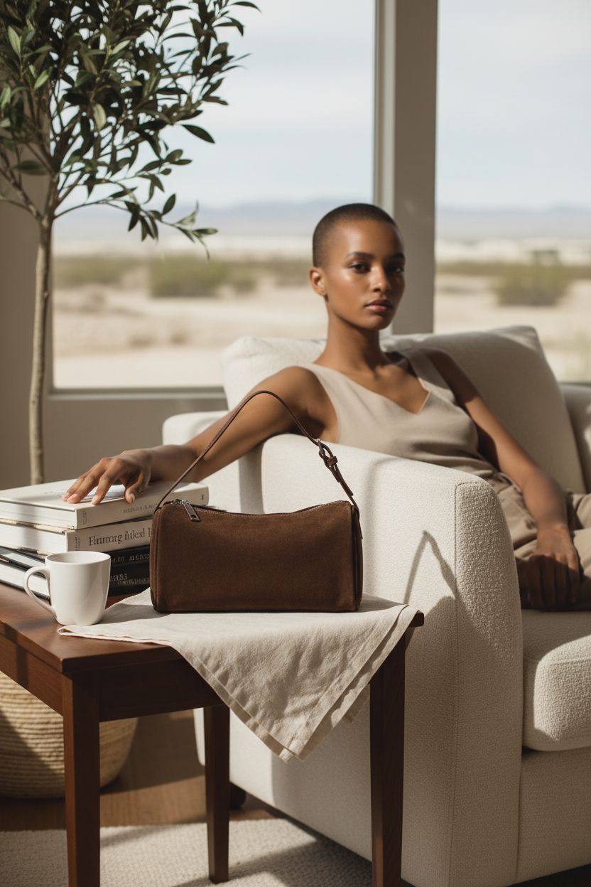 Coffee-brown DONNAIN suede barrel bag resting in a cozy reading nook with art books.