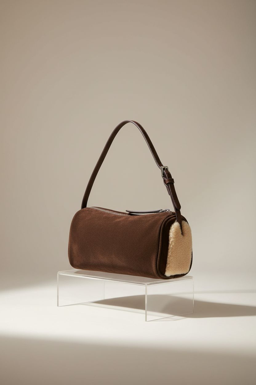 DONNAIN premium suede barrel bag displayed elegantly on a minimal studio backdrop.