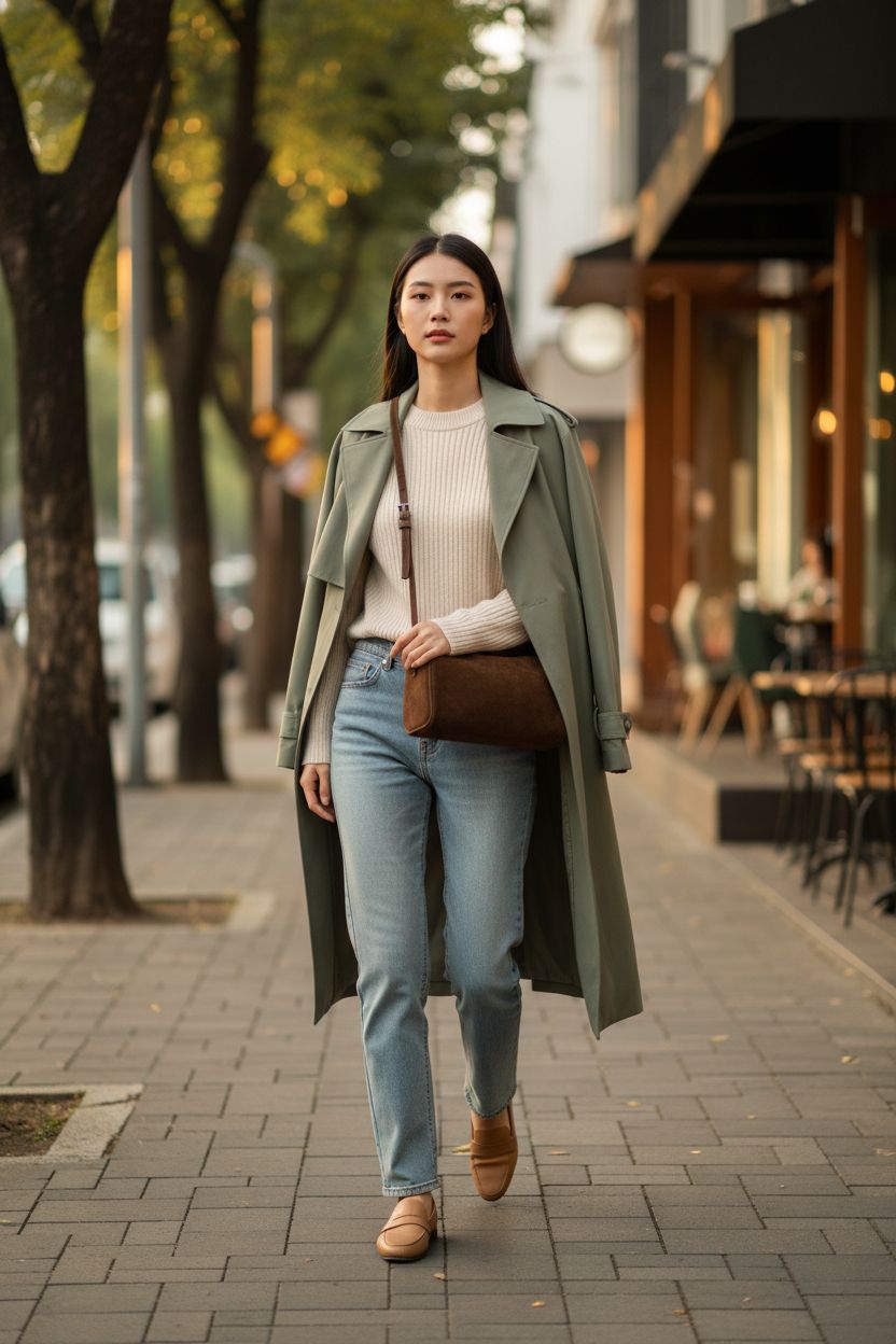 Coffee-brown DONNAIN suede crossbody bag hanging at the hip, styled with casual outfit.