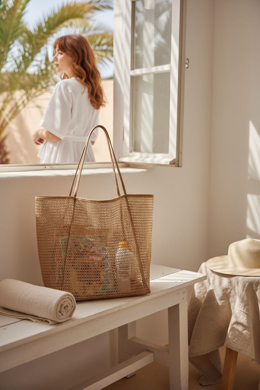 KALIDI Beach Mesh Tote Bag in a beach cottage, showcasing its mesh design and summer vibe.