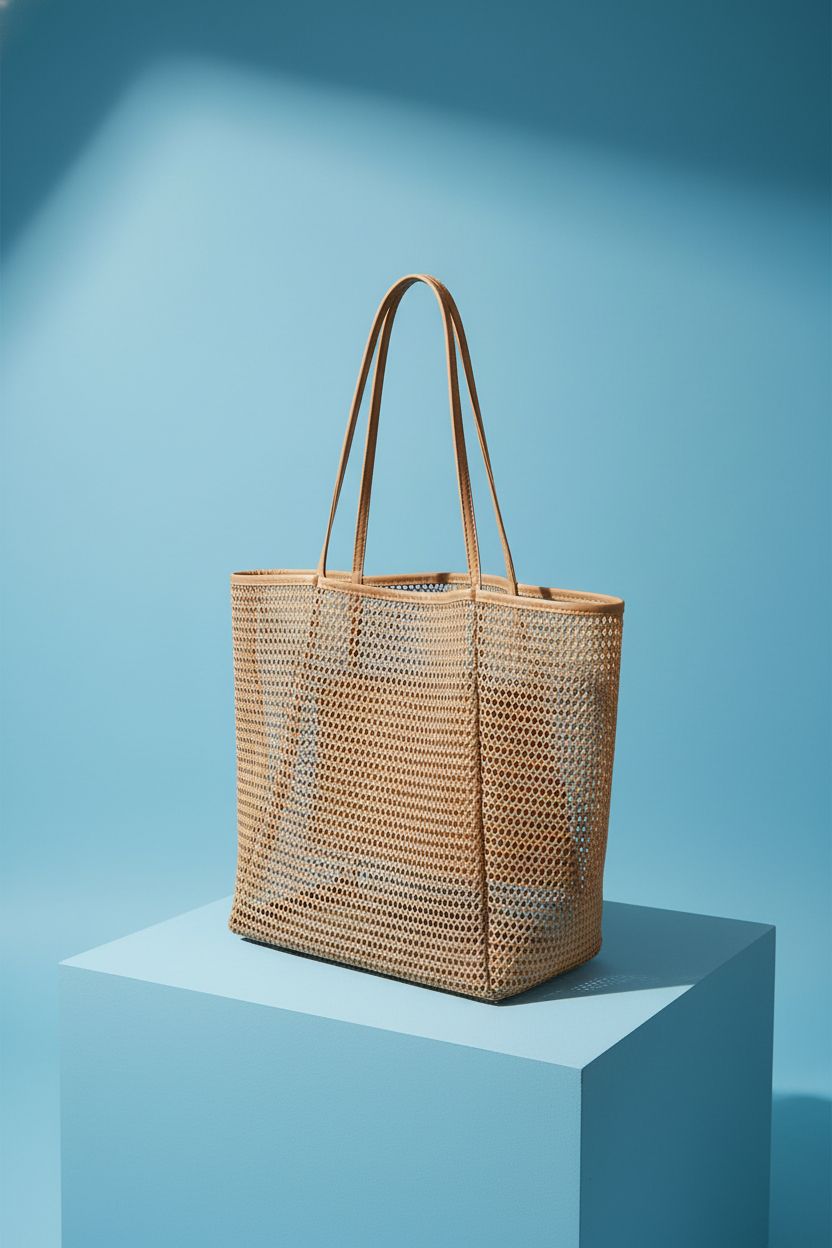 KALIDI Beach Mesh Tote Bag displayed on a studio set, highlighting its summer-friendly features.