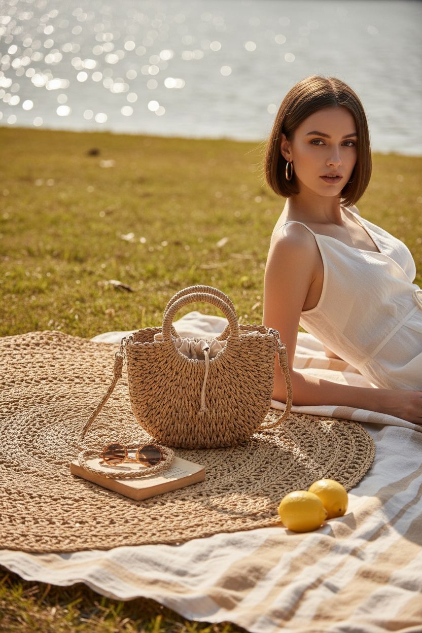 Youjaree half-moon straw bag on a picnic mat by the lakeside, capturing summer vibes.