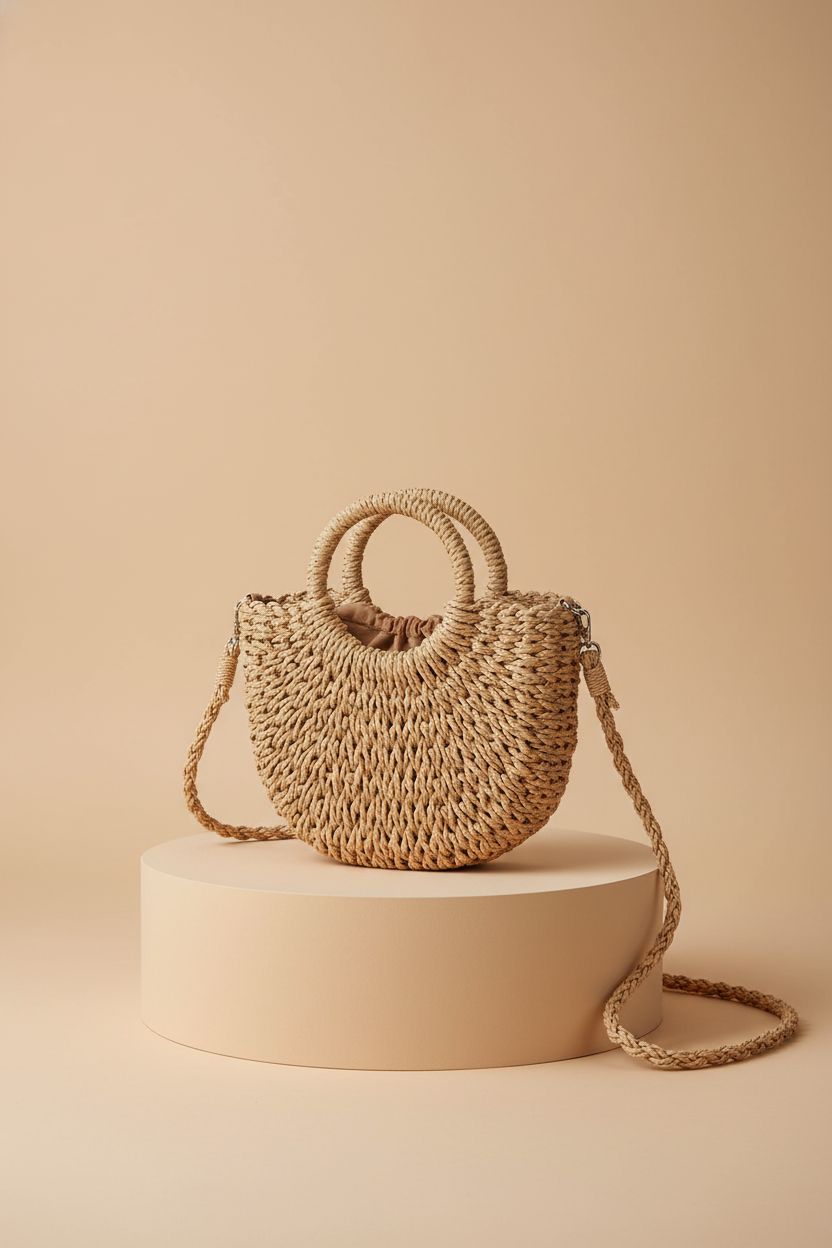 Youjaree small straw handbag showcased in studio, highlighting its elegant design for summer.