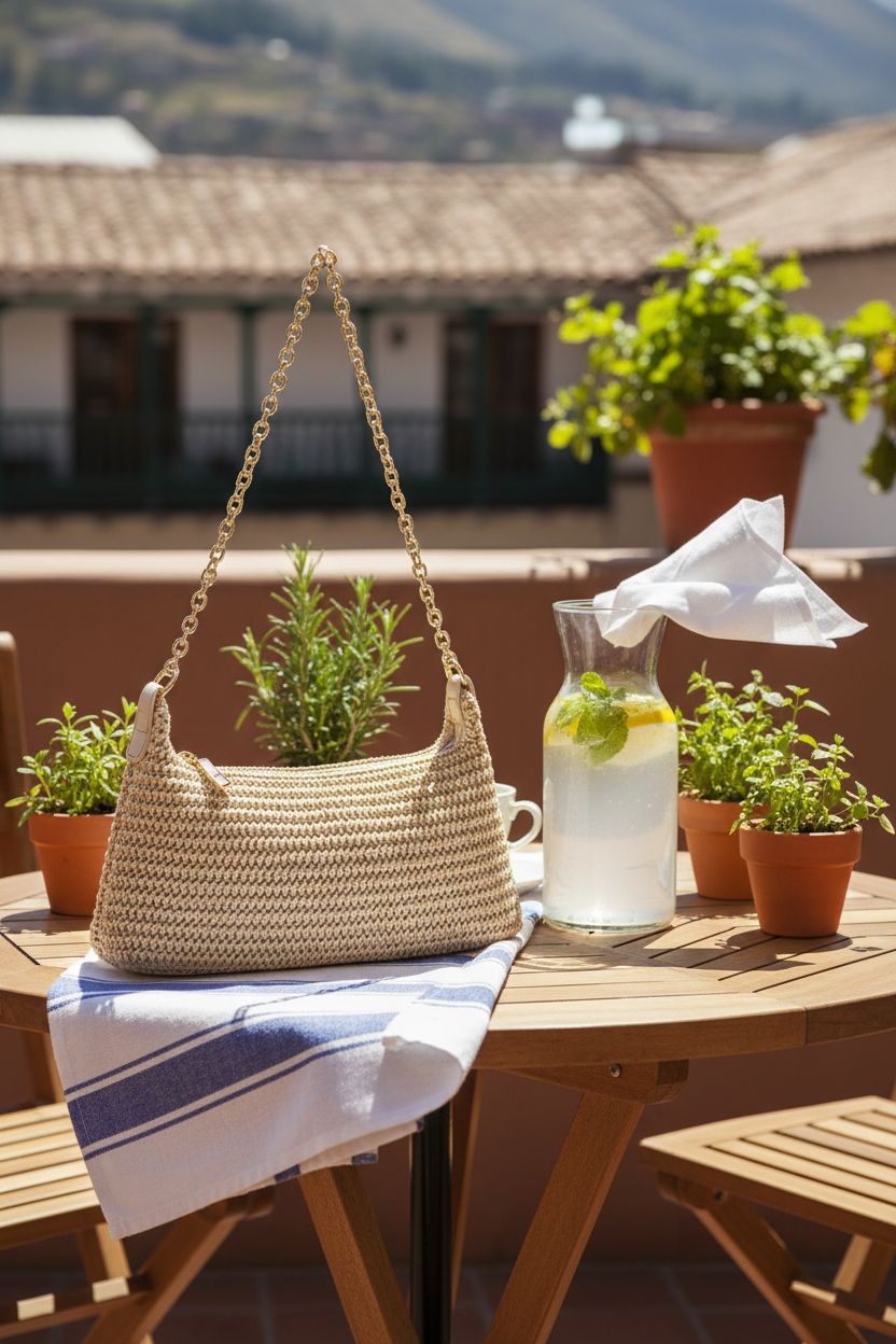 Verdusa summer shoulder bag resting on a sunny terrace table with brunch setup.