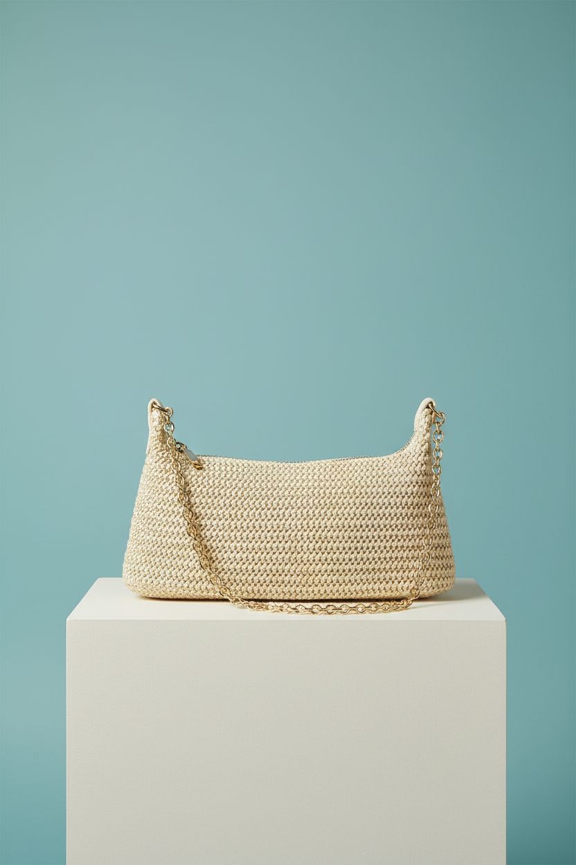 Verdusa's beige straw shoulder bag elegantly displayed in a studio setting.