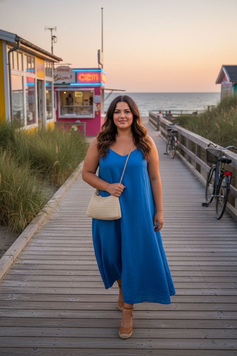Verdusa summer shoulder bag in beige straw on a beach boardwalk at sunset.