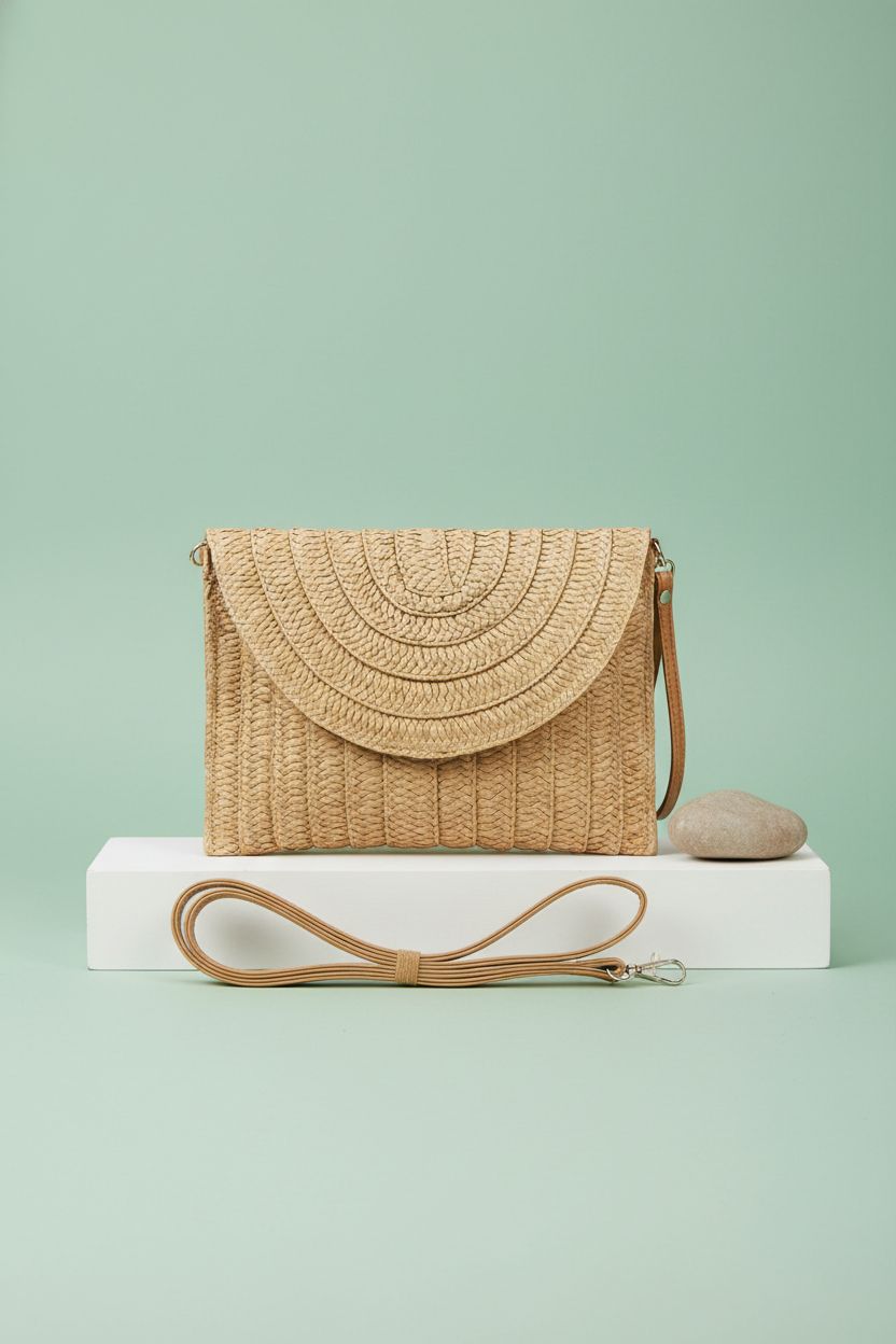 Detailed view of COOKOOKY straw clutch handbag showcasing its woven texture and elegant design.