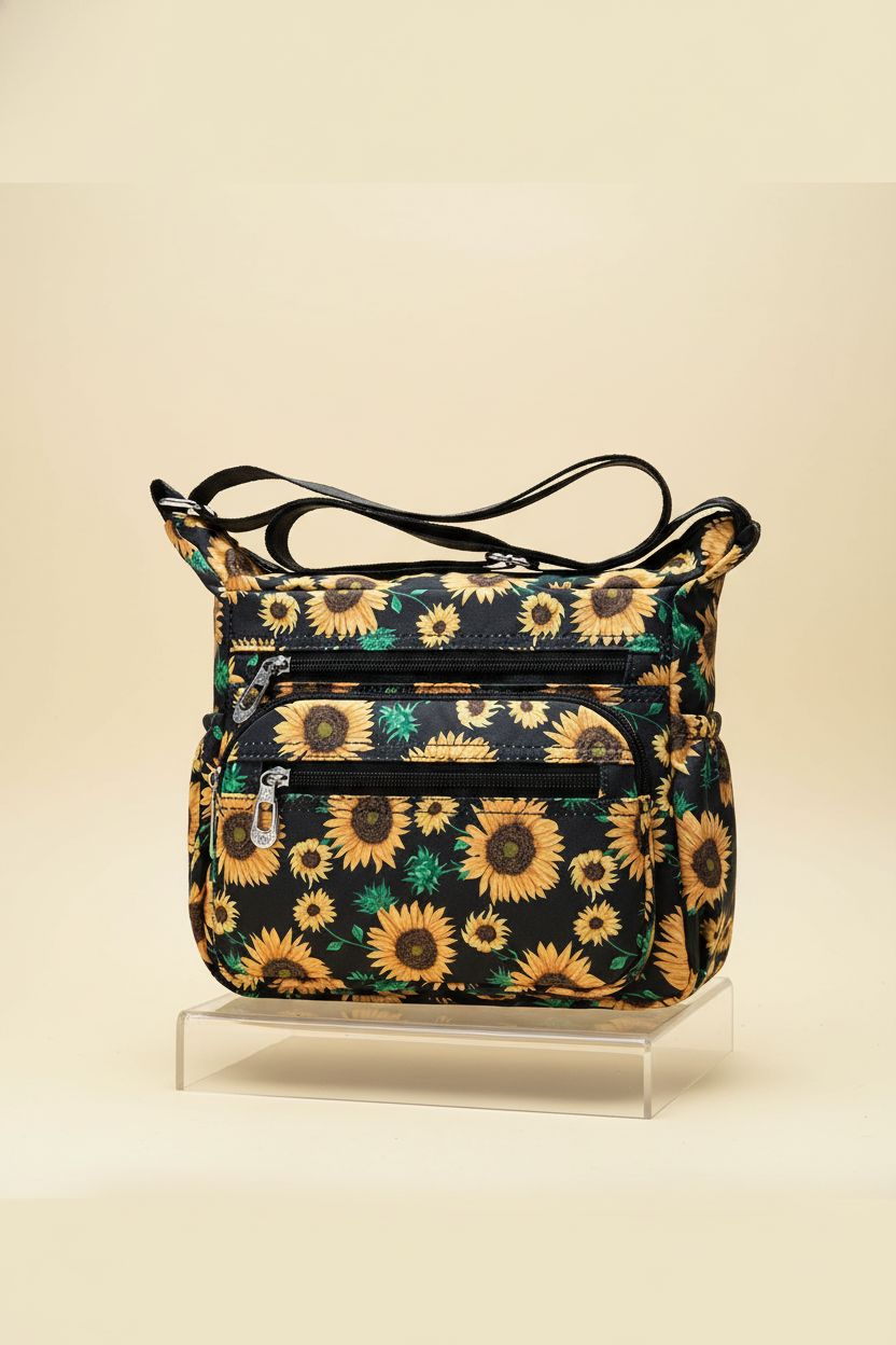Elegant Pealwel sunflower handbag displayed against a pale yellow backdrop, showcasing its design and multiple pockets