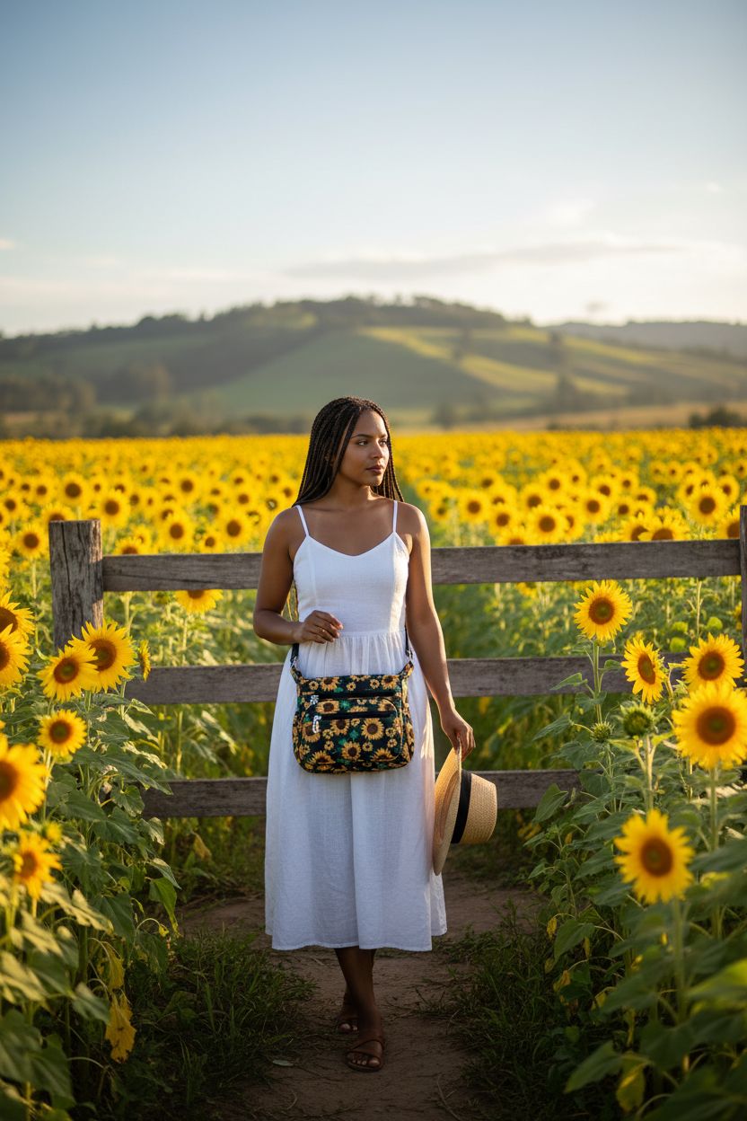 Pealwel sunflower crossbody bag worn in a blooming sunflower field, highlighting its spacious pockets and floral print