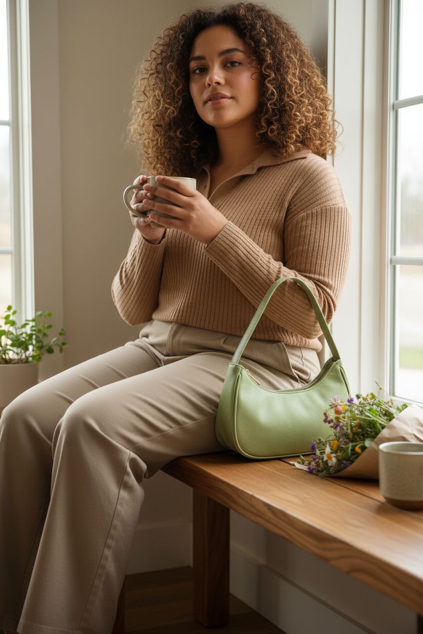 Afashor light-green hobo bag beside a serene window nook with a bouquet.