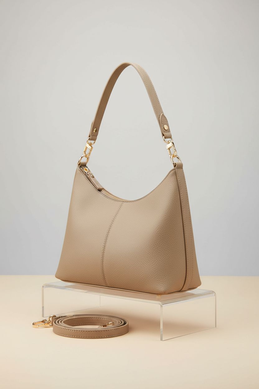Keyli taupe handbag displayed on a simple acrylic riser against a warm background.
