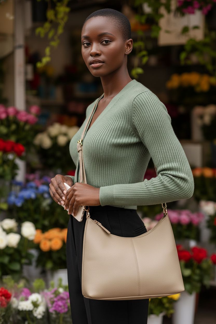 Keyli taupe shoulder handbag styled with a sage cardigan at a florist kiosk.