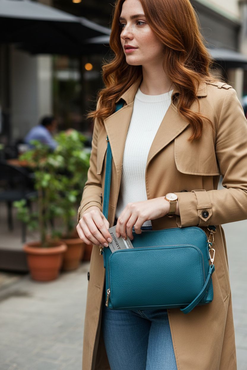 Marvolia peacock blue crossbody purse featured on a sidewalk, ideal for commuters.
