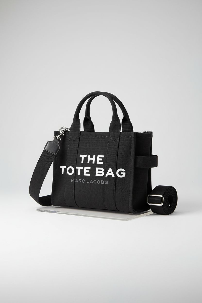 Close-up of Marc Jacobs black canvas tote bag on studio backdrop, showcasing its premium materials and craftsmanship.