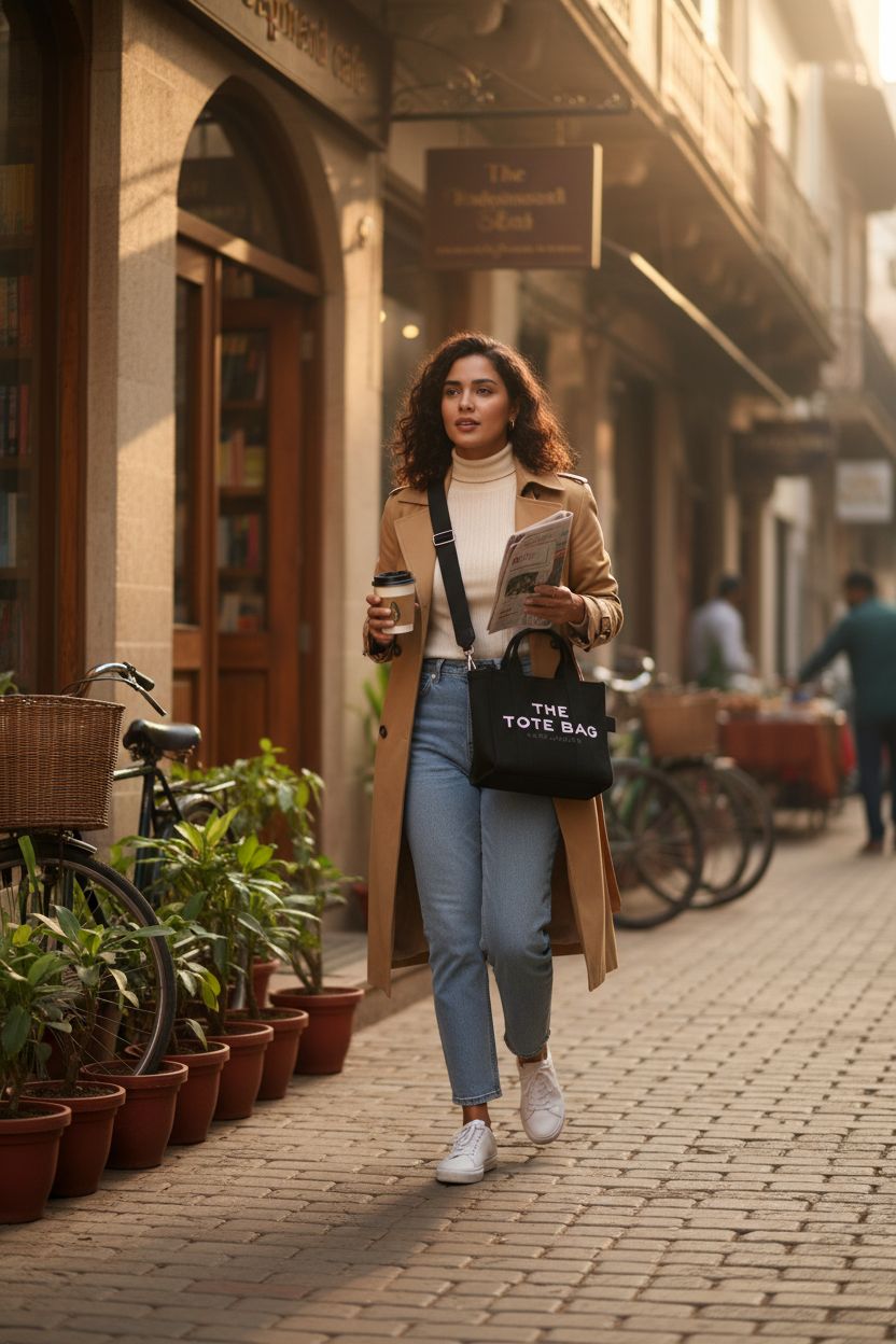 Marc Jacobs black canvas tote bag being carried with coffee and newspaper, perfect for casual outings.