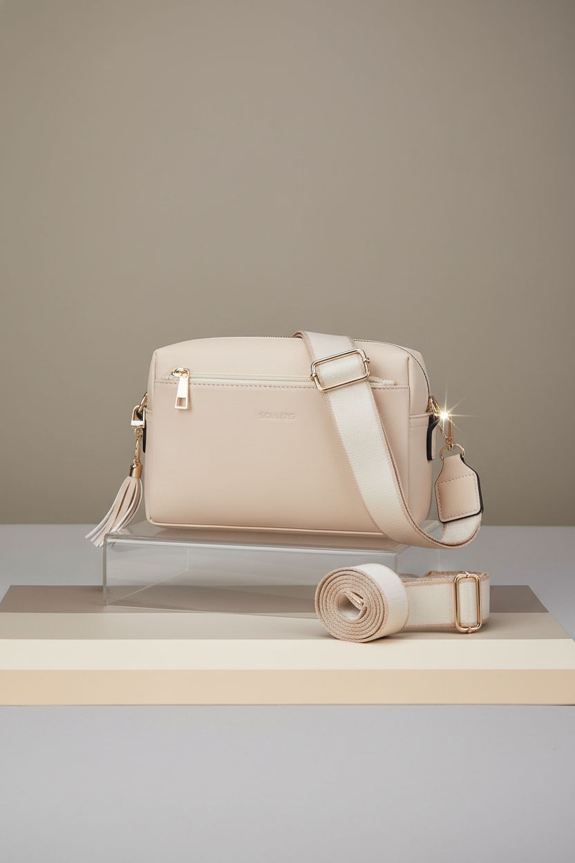 Elevated view of Roulens thick strap crossbody bag highlighting its sleek design.