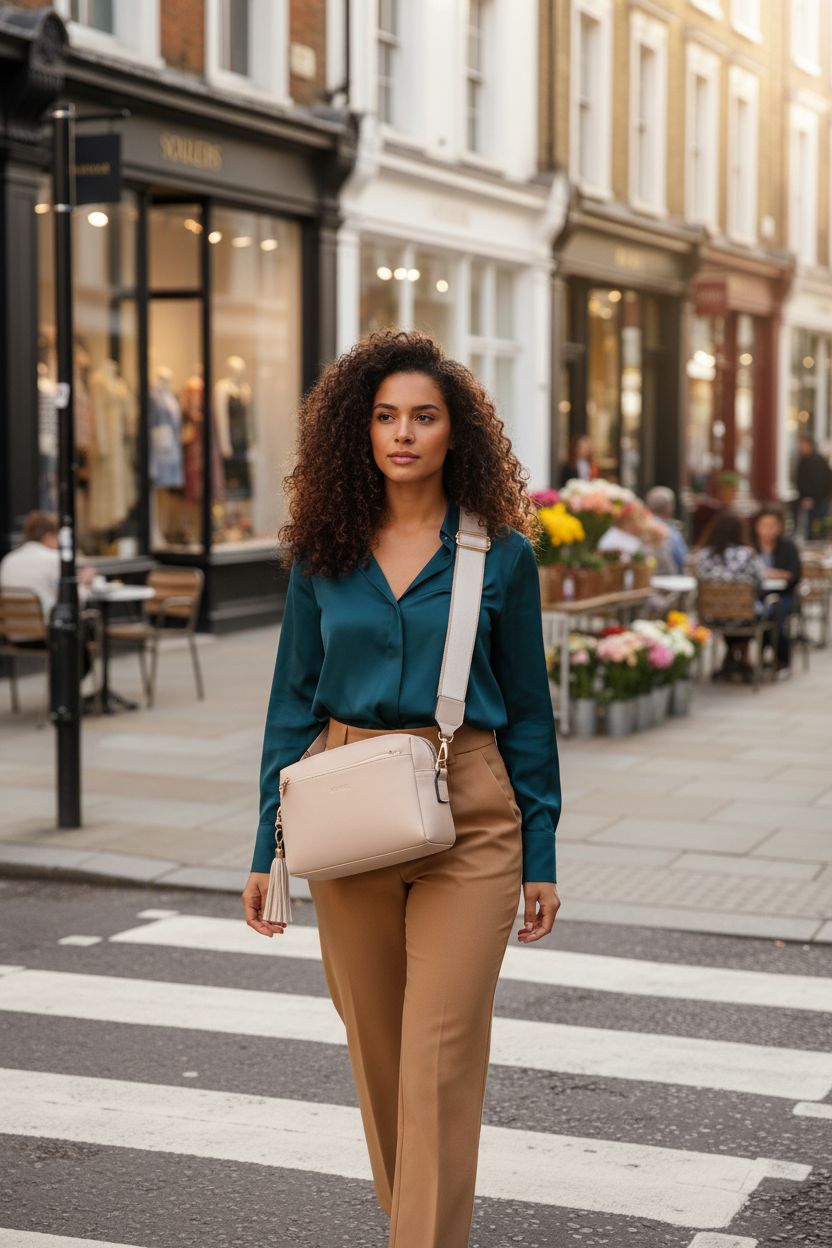 Light beige Roulens thick strap crossbody bag with gold hardware against a teal blouse.