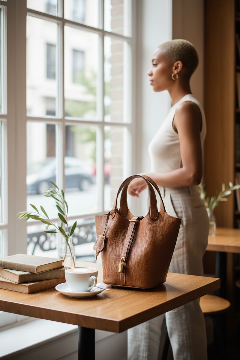 Hedexe bucket bag beside a cappuccino and books in a sunlit café.