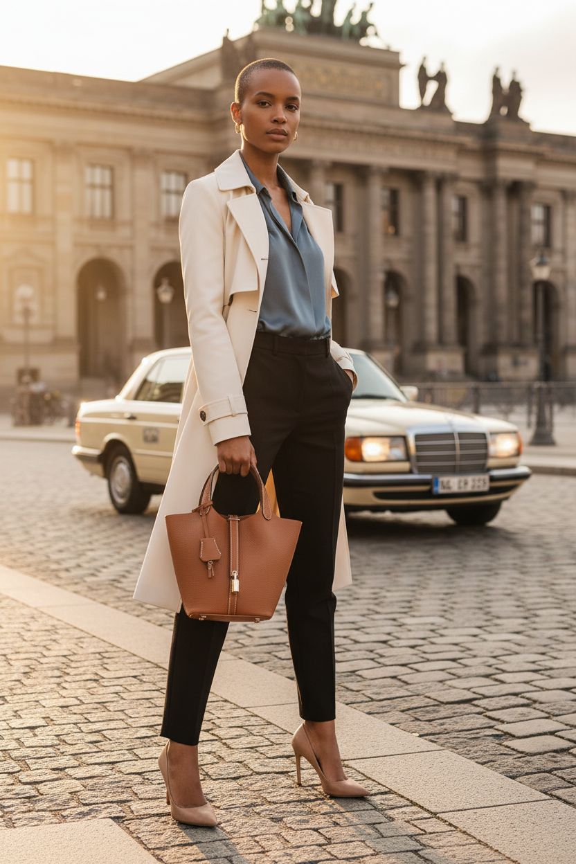 Hedexe genuine leather bucket bag outside a historic museum during golden hour.