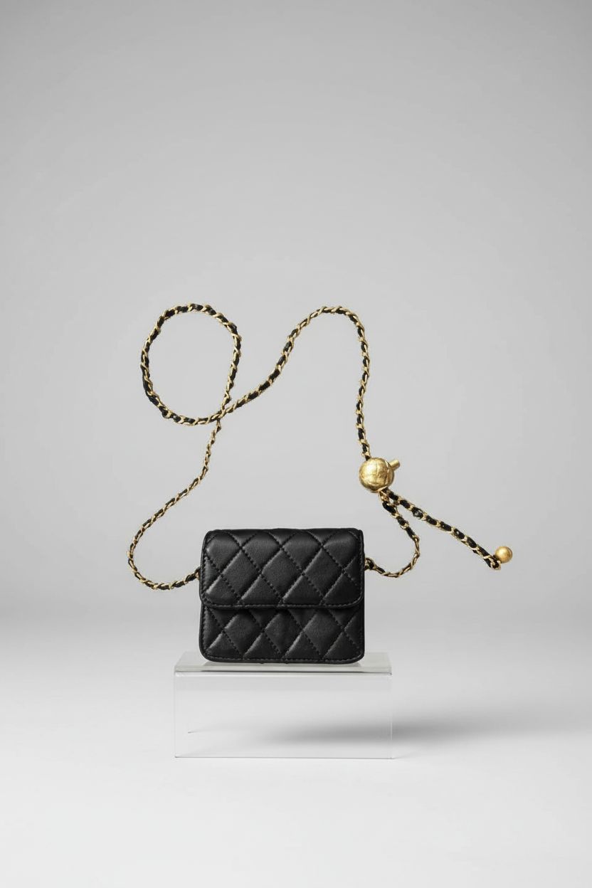 Product shot of Vhitler's tiny black quilted bag showcasing exquisite craftsmanship.