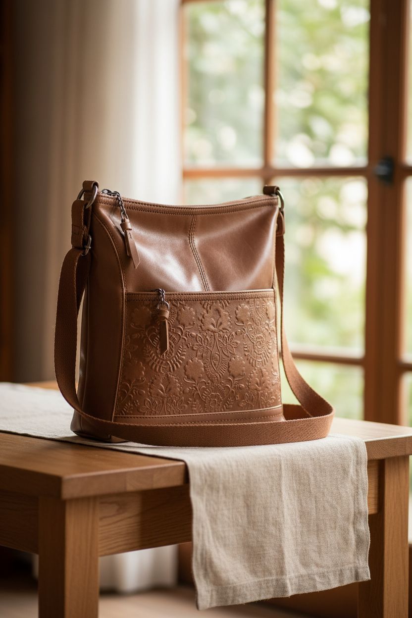 The Sak Iris Crossbody purse elegantly displayed on a side table in a cozy home.