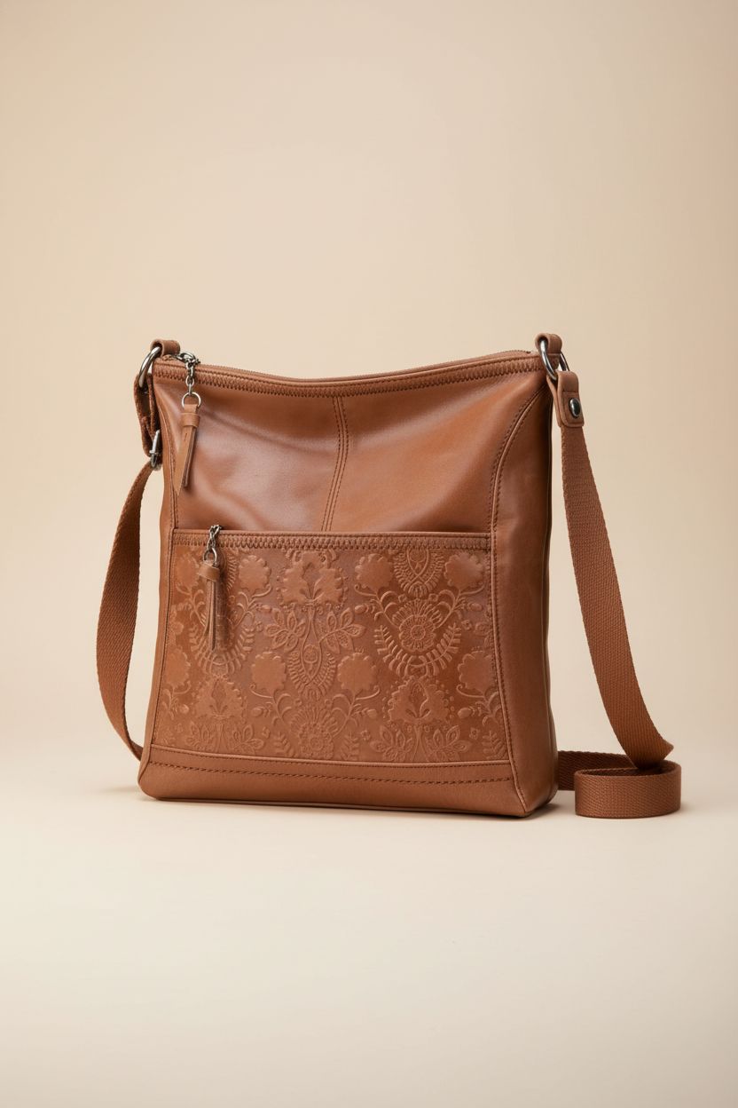 The Sak Iris Crossbody purse with floral embossing, showcasing its design and details.