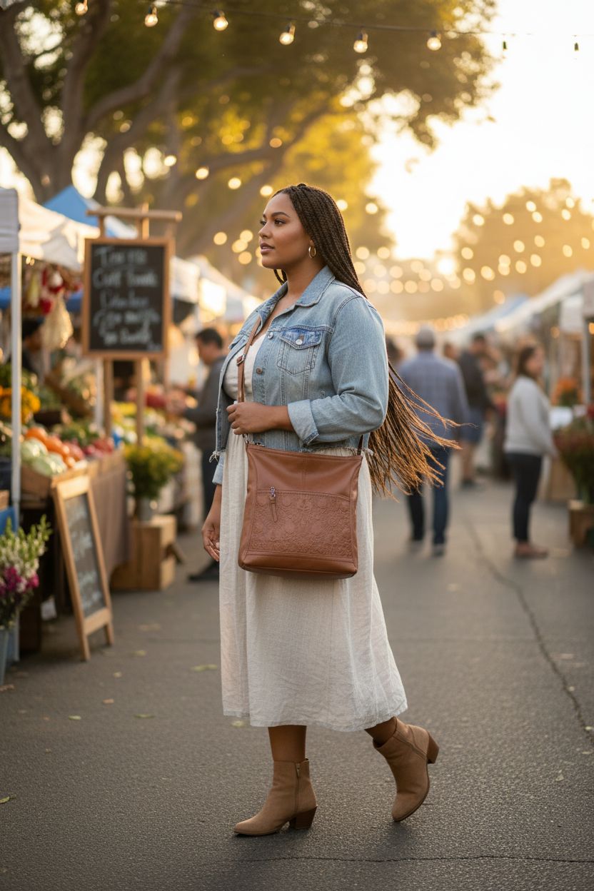 The Sak Iris Crossbody purse in tobacco floral embossed leather at a farmers' market.