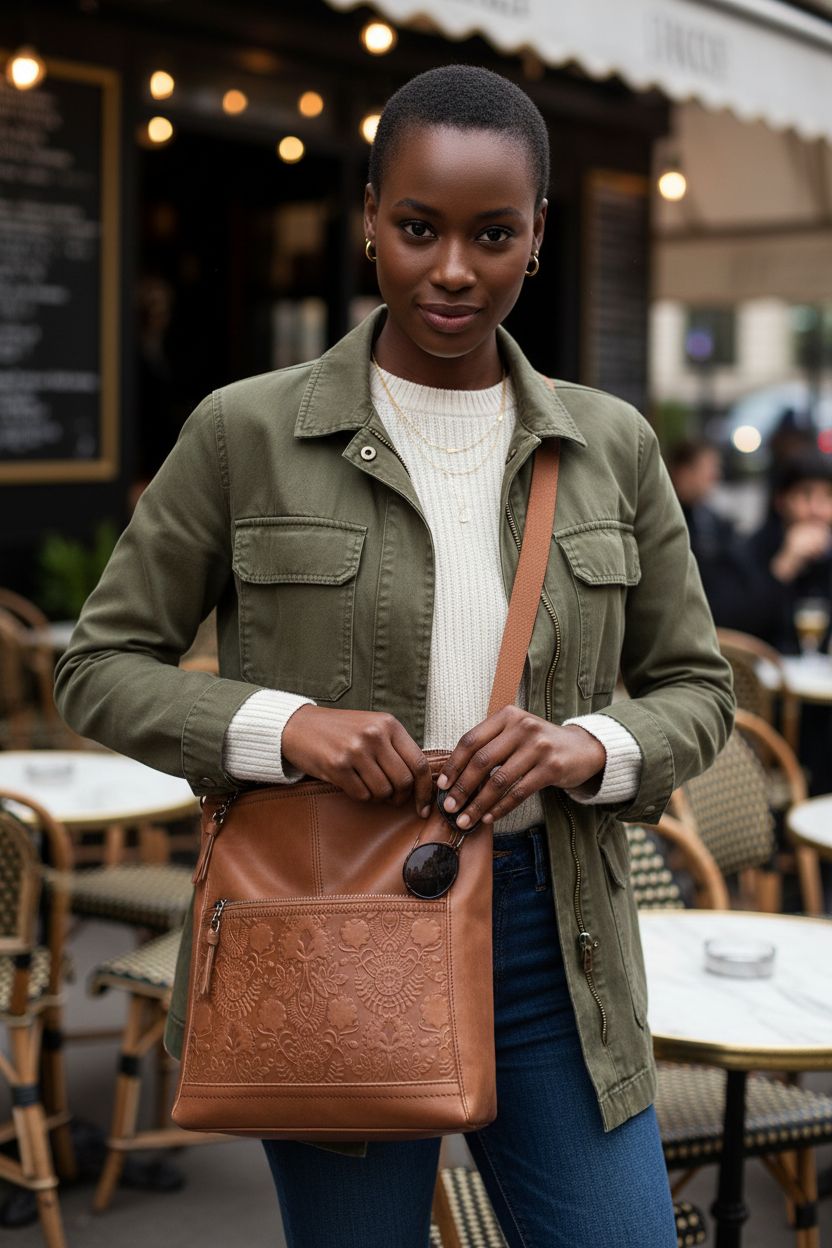 The Sak Iris Crossbody purse showcasing zipper pocket features on a café sidewalk.
