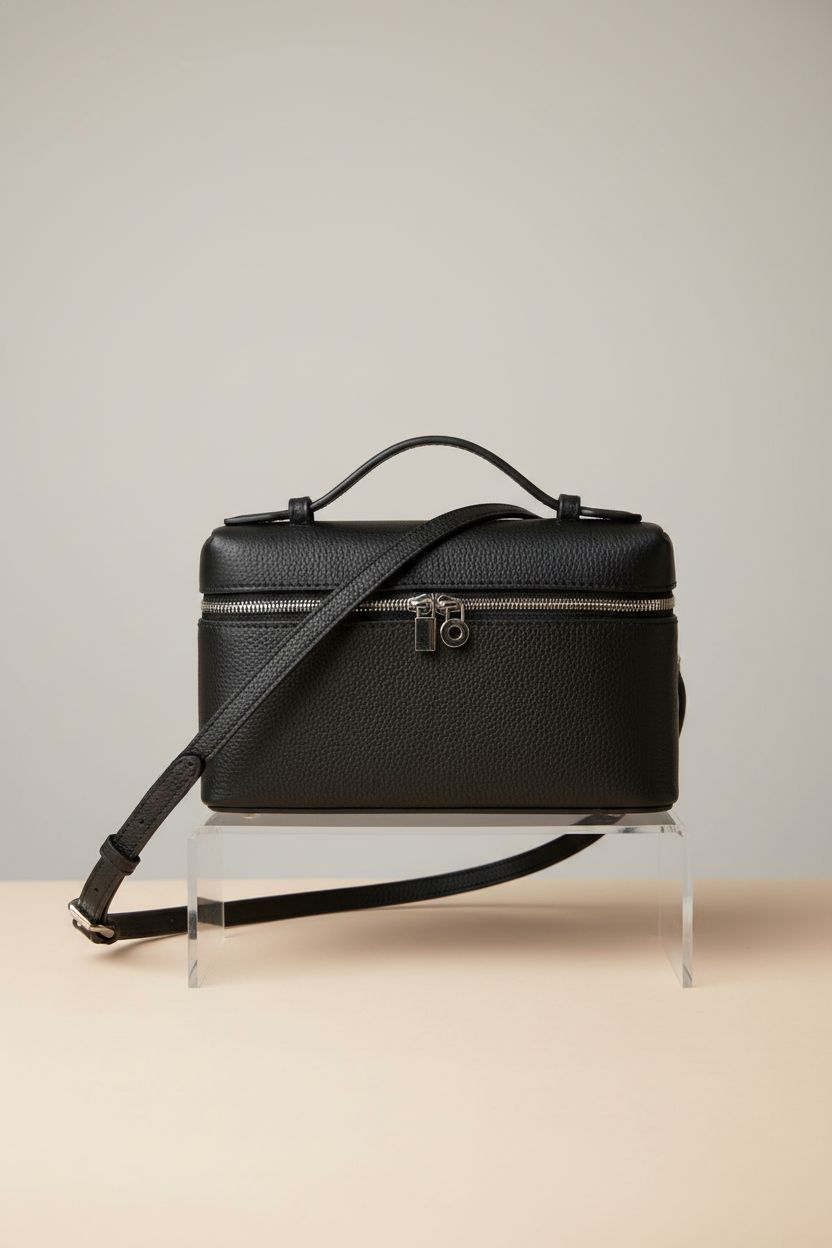 Rejolly top-handle handbag in black leather, highlighting its zip-around design on a gray backdrop.