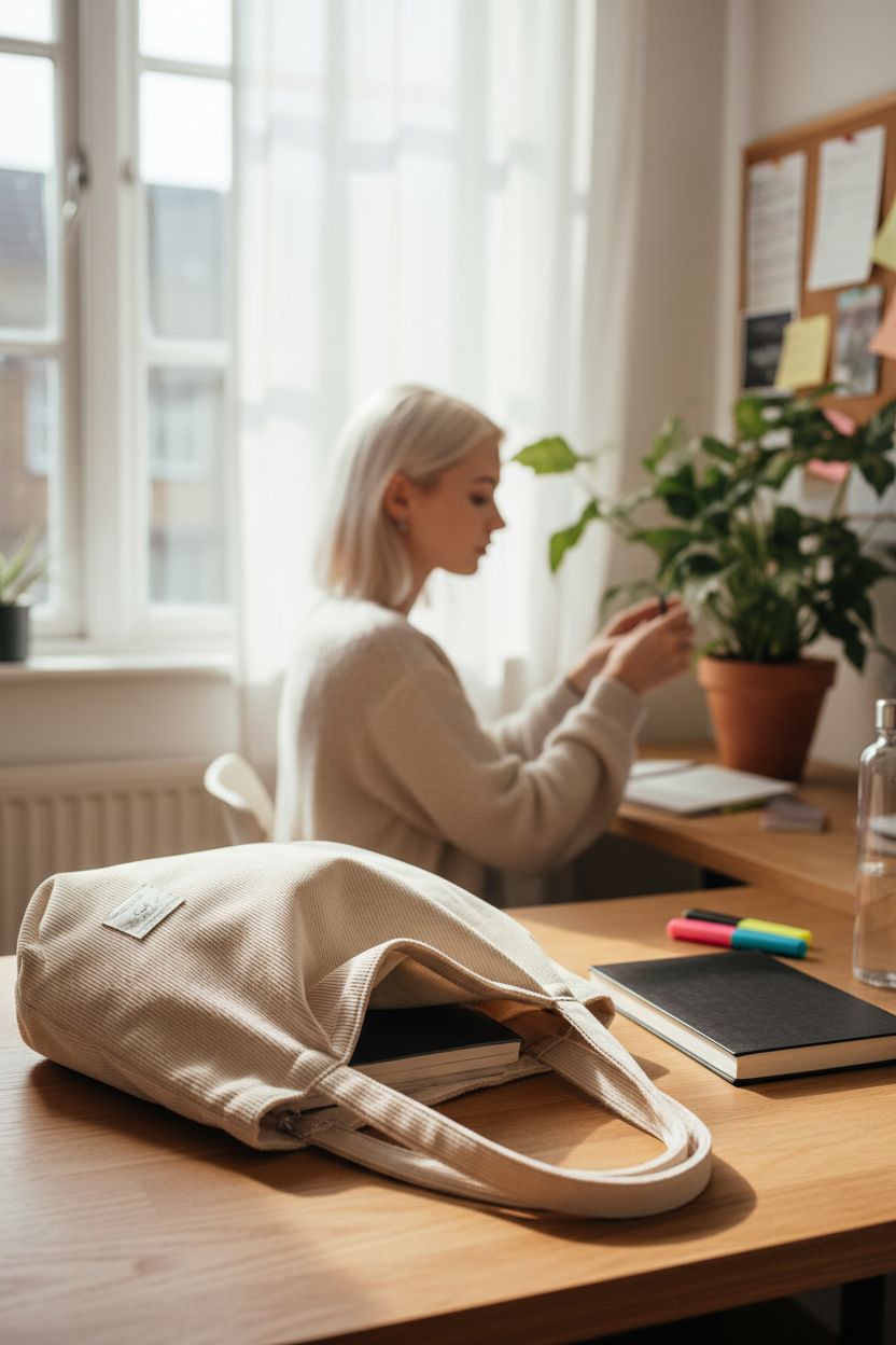 KALIDI cream corduroy tote bag on a cozy study desk, ideal for school