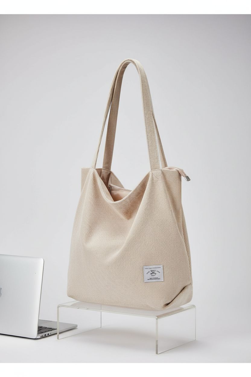 KALIDI cream corduroy tote bag showcasing texture and design, perfect for students