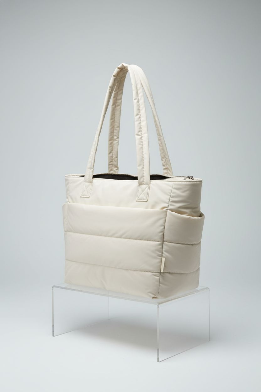 BAGSMART beige tote bag displayed on a minimal riser, showcasing its quilting and construction.