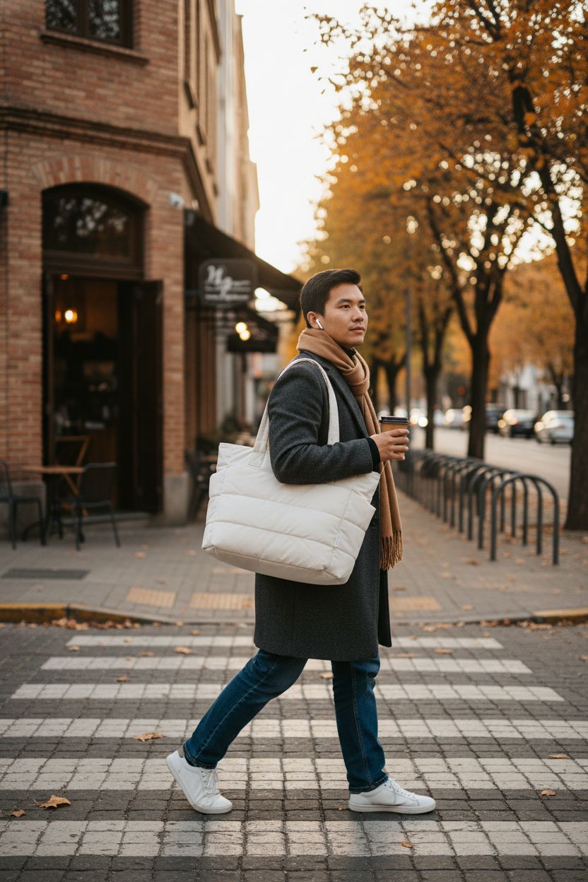 BAGSMART beige puffer tote bag on shoulder in autumn park setting, perfect for daily commute.