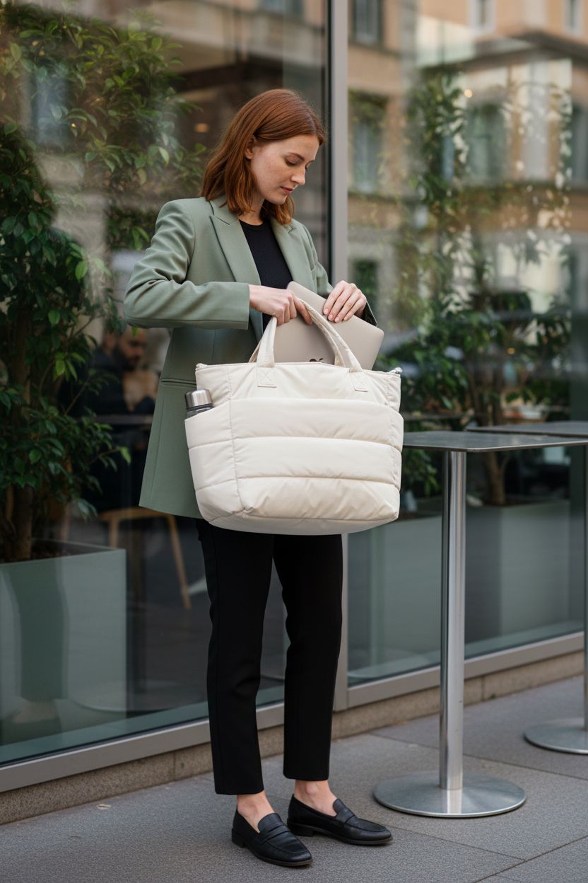 BAGSMART beige tote bag with laptop and water bottle, ideal for work and office settings.