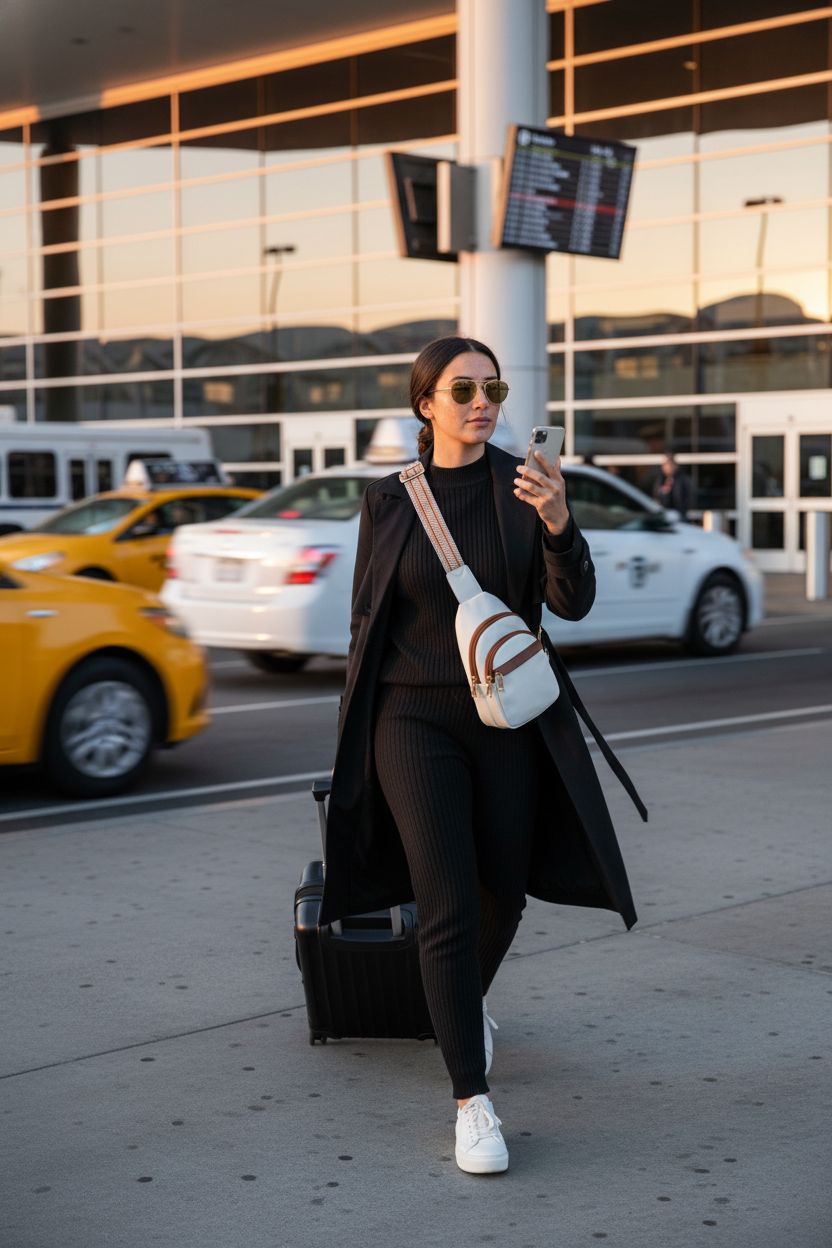 BOSTANTEN beige crossbody travel purse showcased at San Diego airport with stylish outfit.