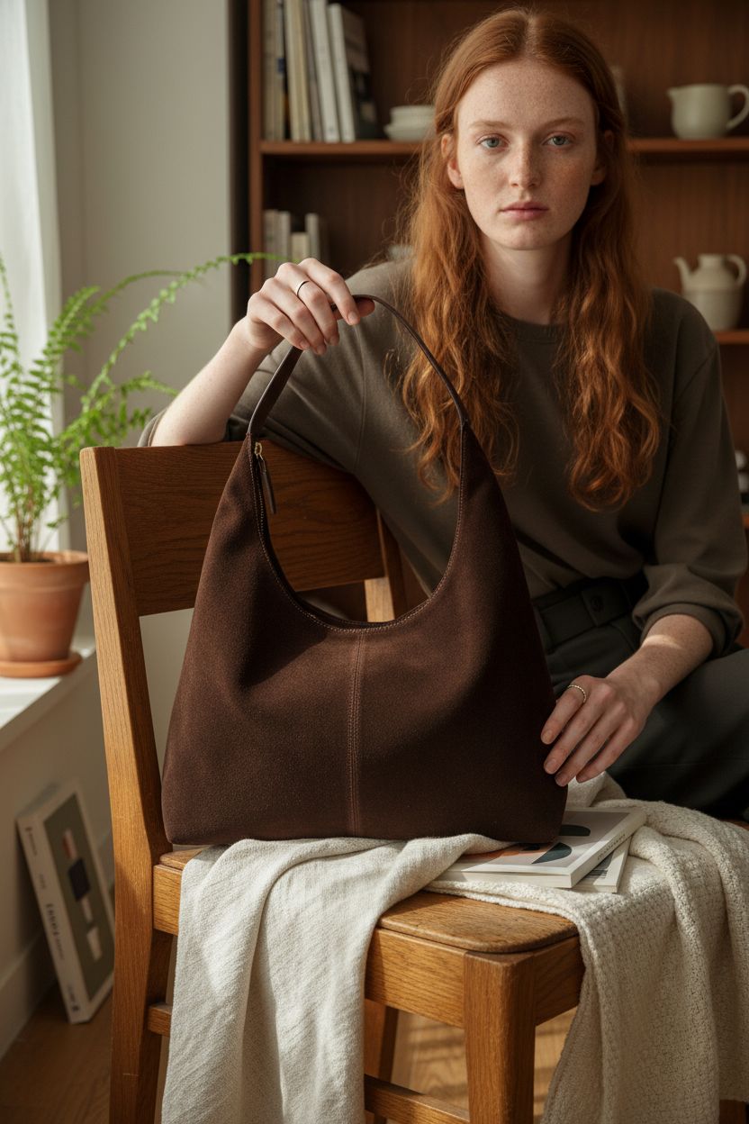 Cozy setting featuring a crescent suede bag by Jusavie on a chair, exuding comfort and style for home or travel.