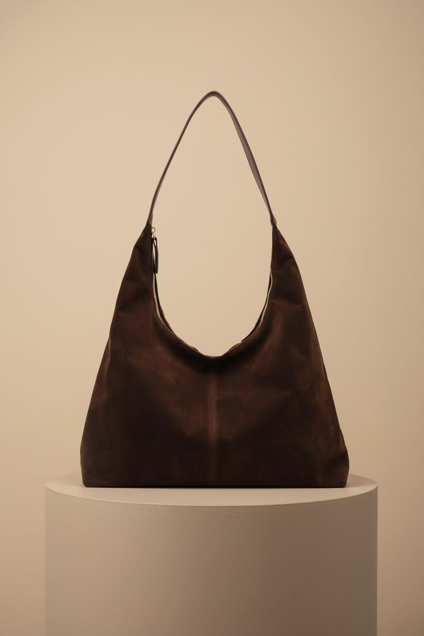 Refined crescent suede bag by Jusavie on a pedestal, showcasing its sleek design and texture in a studio setting.